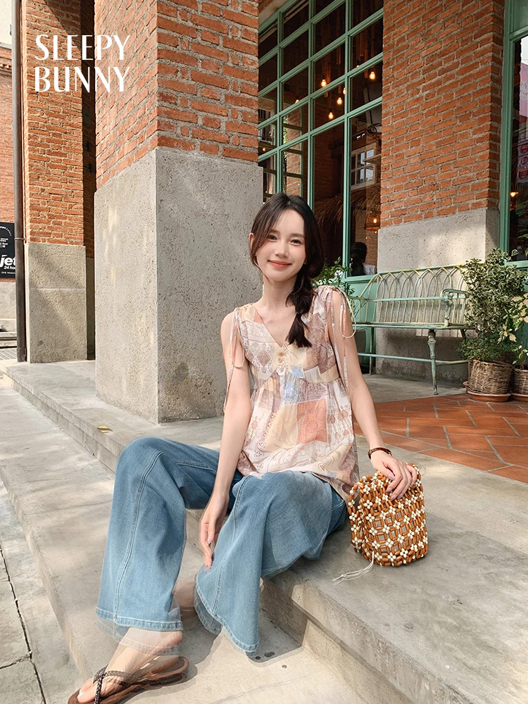 Vacation Style Printed Chiffon Camisole Top Women Summer Sleeveless Off Shoulder Strap Blouse Sweet Lightweight Flowy Tank Shirt