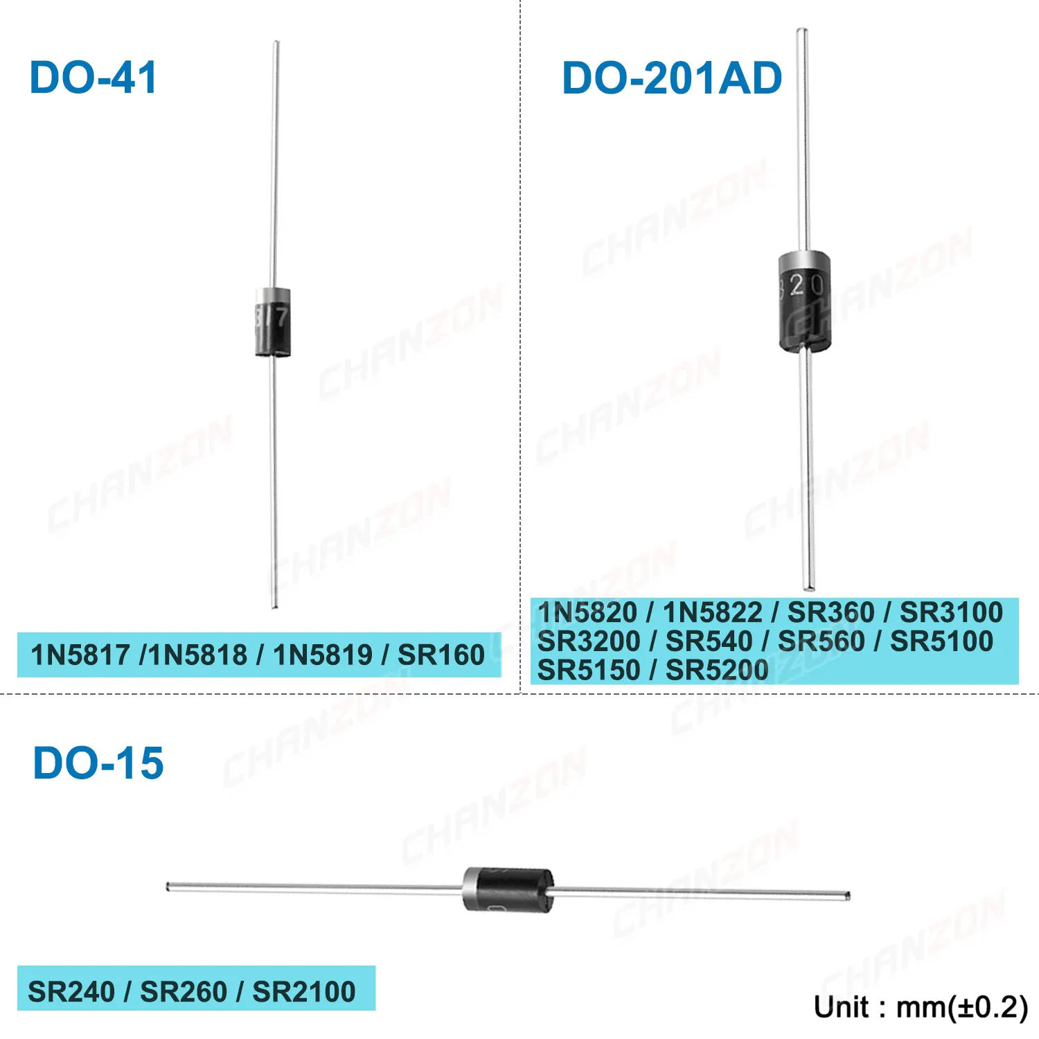 1N5817 1N5818 1N5819 SR160 SR240 SR260 SR2100 1N5820 1N5822 SR360 SR3100 SR3200 SR540 SR560 SR5100 SR5150 SR5200 Schottky Diode