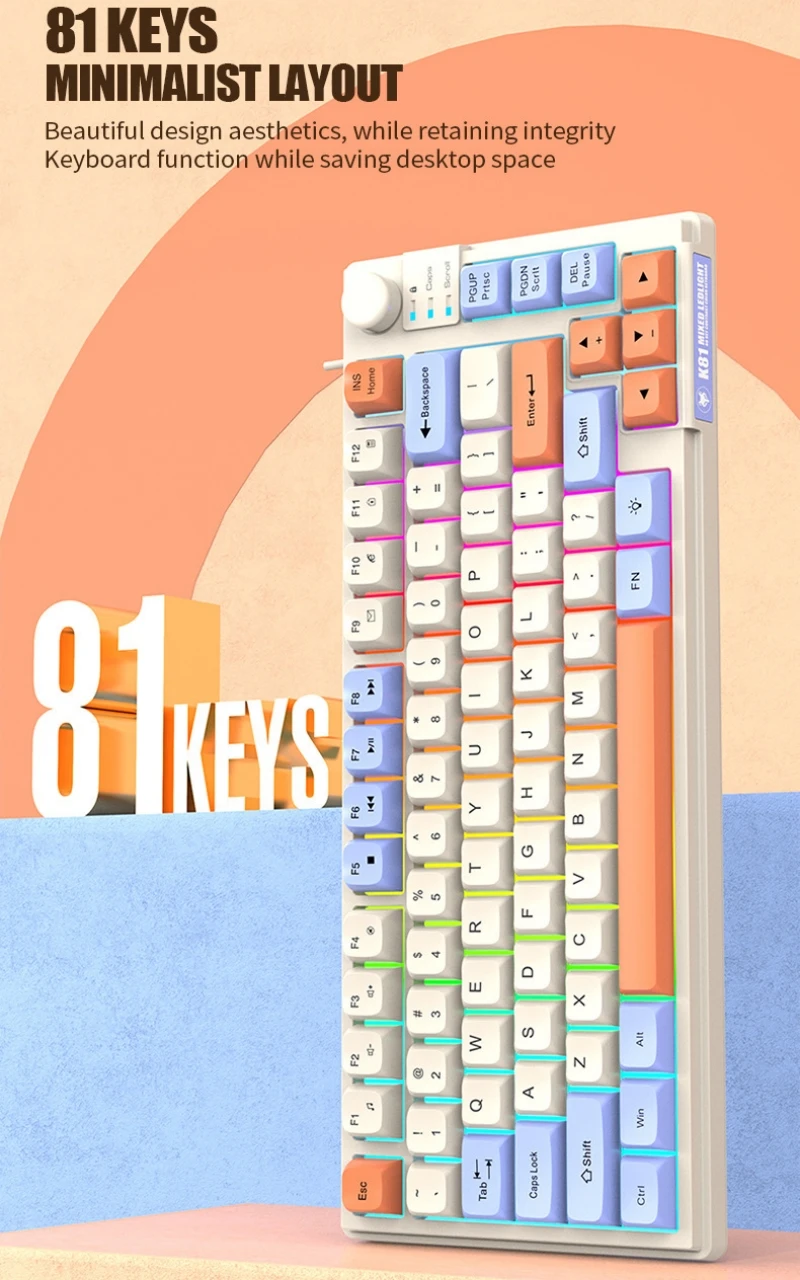 Spanish Keyboard with Spanish Layout Russian Arabic Korean Keyboard 81 Keys 80% Layout Color Backlight Volume Knob USB Wired K81