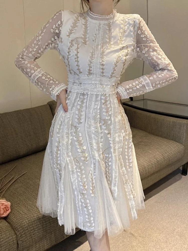 

Elegant Lace Mesh Mini Dresses Spring Women Long Sleeves Embroidery Splicing Dress Summer High Waist White A Line Short Dress