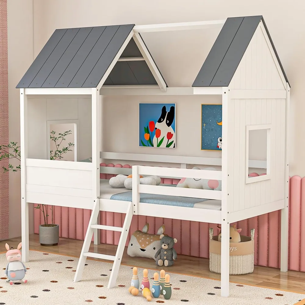 Estrutura de cama de casa dupla, estrutura de cama loft baixa infantil com telhado, janelas laterais e escada, cama de casinha de apoio de ripas de madeira, branco