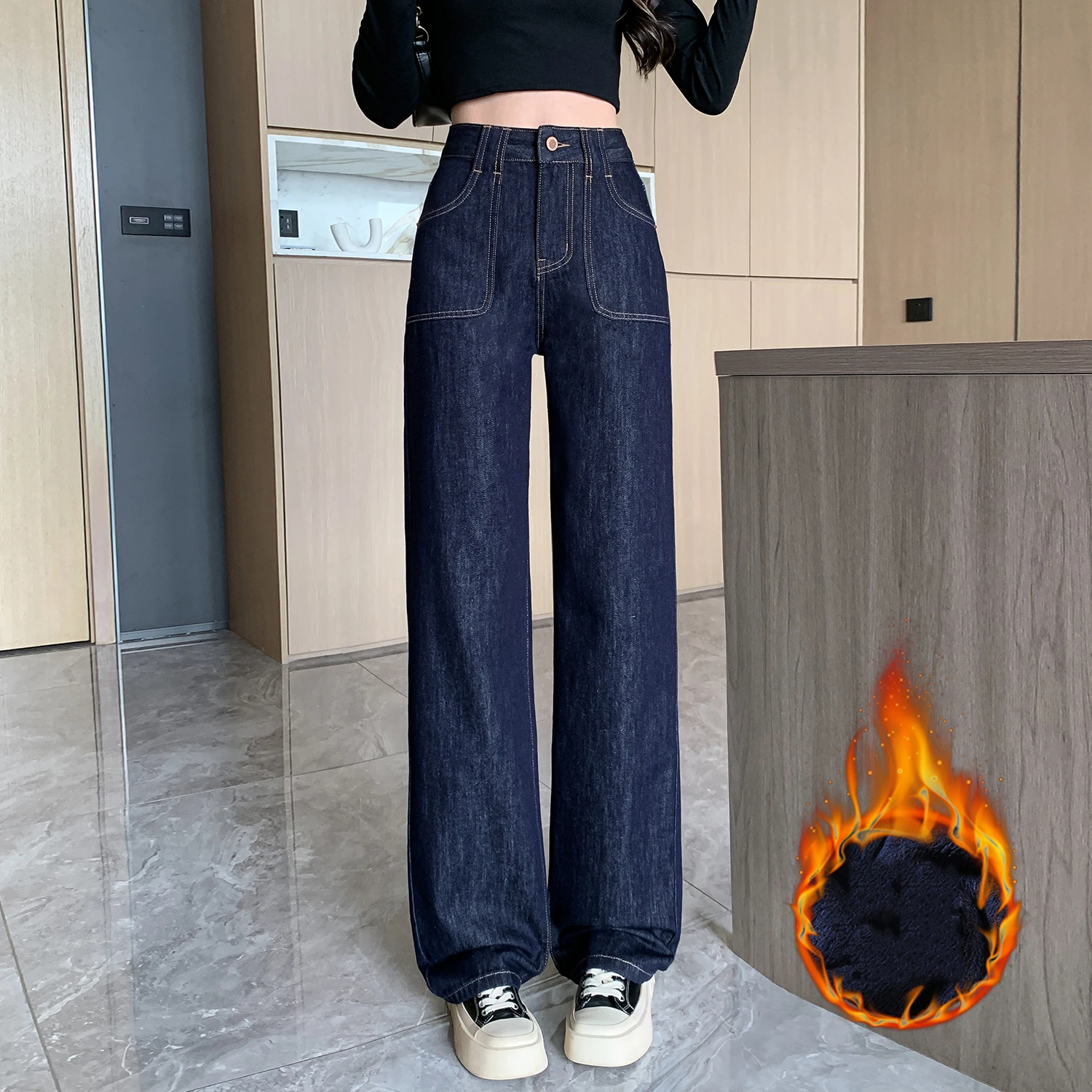 الشتاء رشاقته الصوف عالية الخصر واسعة الساق الجينز مستقيم قطع الطابق طول السراويل الصيف المرأة الجديدة Faion التخسيس #1
