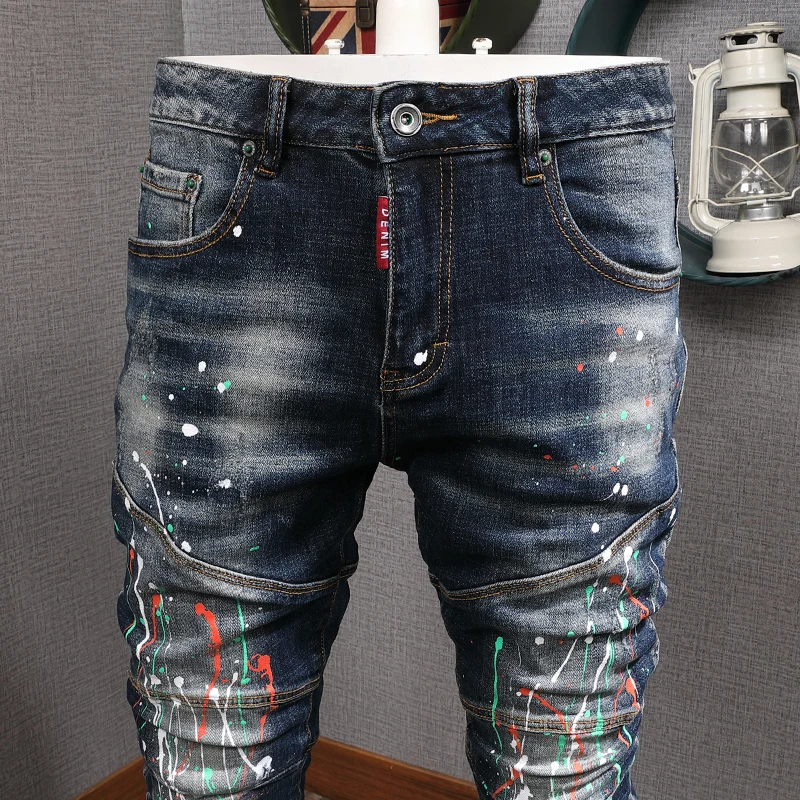 Fashion Streetwear Men Jeans Retro Dark Blue Elastic Slim Fit Ripped Biker Jeans Homme Painted Designer Hip Hop Denim Pants Men