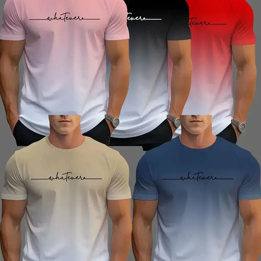 5 men's sports T-shirts, cool gradient 3D printed quick dry short sleeve fitness T-shirt, everyday casual sports top T-shirt