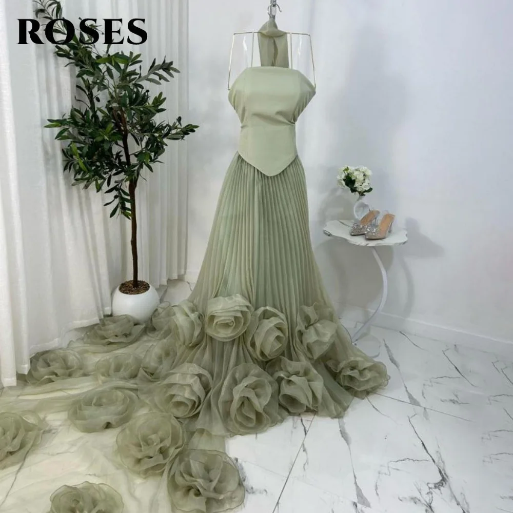 Rosas verde plissados vestidos de baile com lenço sem mangas vestidos de noite sem alças 3d-flores vestido de festa para mulher personalizado