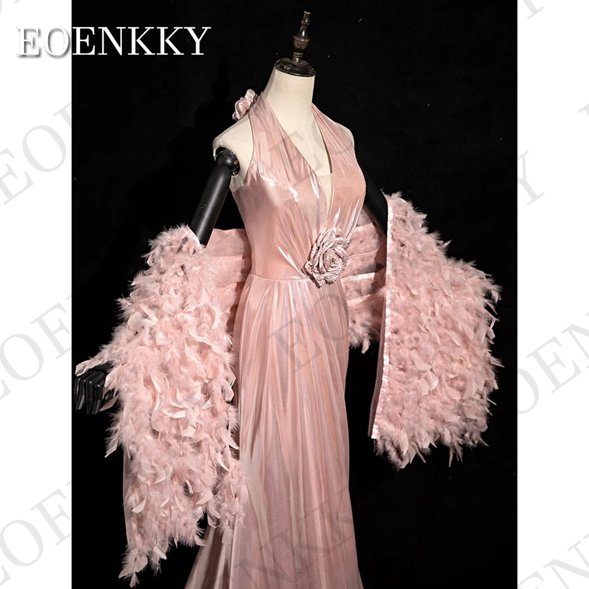 Pink Halter Mermaid Evening Dresses Woman Luxury vestido de noche 3D Flowers Wedding Guest Dress With Feather Shawl Backless