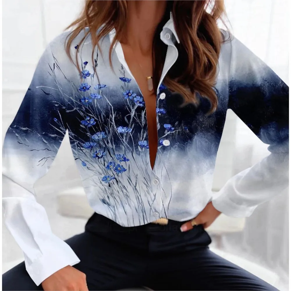 New Elegant Floral 3D Digital Printed Long Sleeve Shirt For Women Autumn Loose Casual Collar Women's Blouses Camisas Casuales