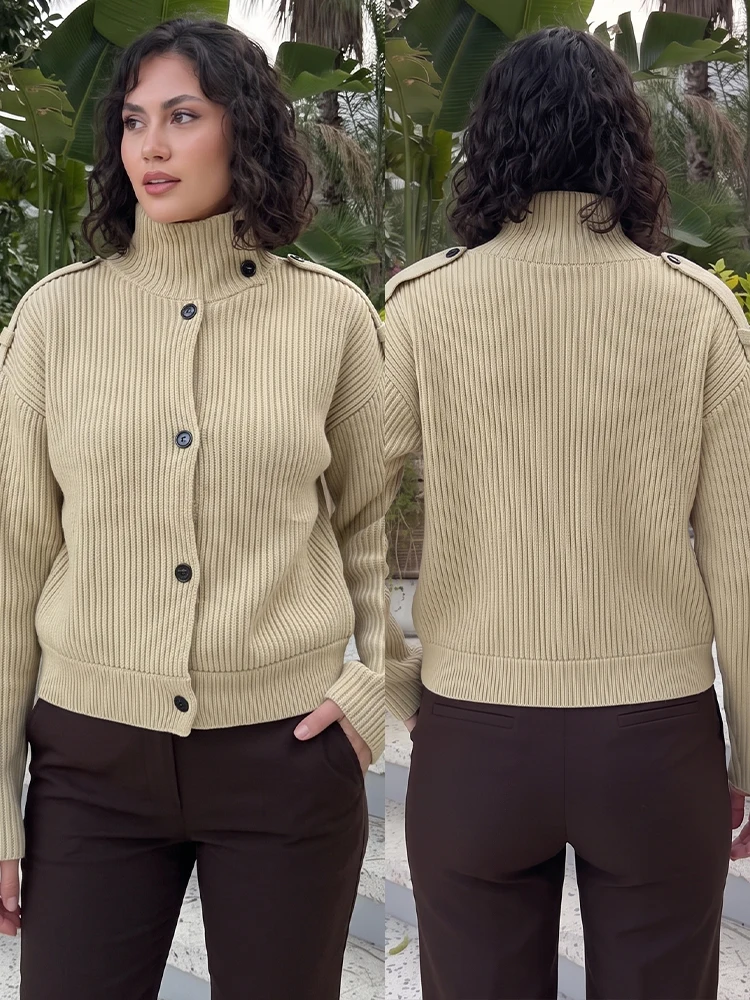Suéter de Cuello Alto con Botones Diagonales para Mujer, Marca HH, a Rayas, Cierre de un Botón, Manga Larga, Tejido Térmico, Ropa para Vacaciones de Otoño 2026