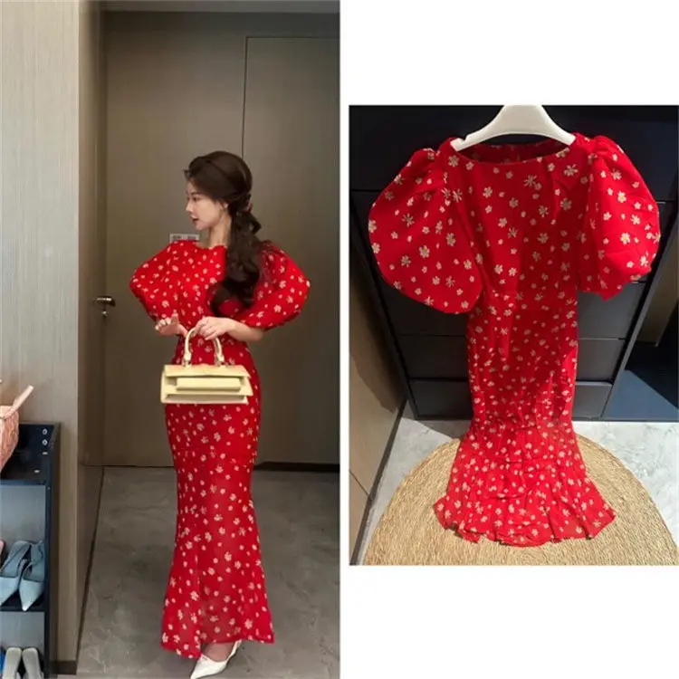 Korejepo Celebrity Red Printed Fishtail Dress Women Summer New Skinny Temperament Medium Dresses Elegant Temperament Vestido