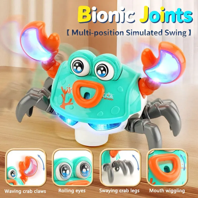 Juguete eléctrico omnidireccional de cangrejo para gatear de dibujos animados para bebés con luces LED, música, movimientos biónicos, regalo educativo divertido