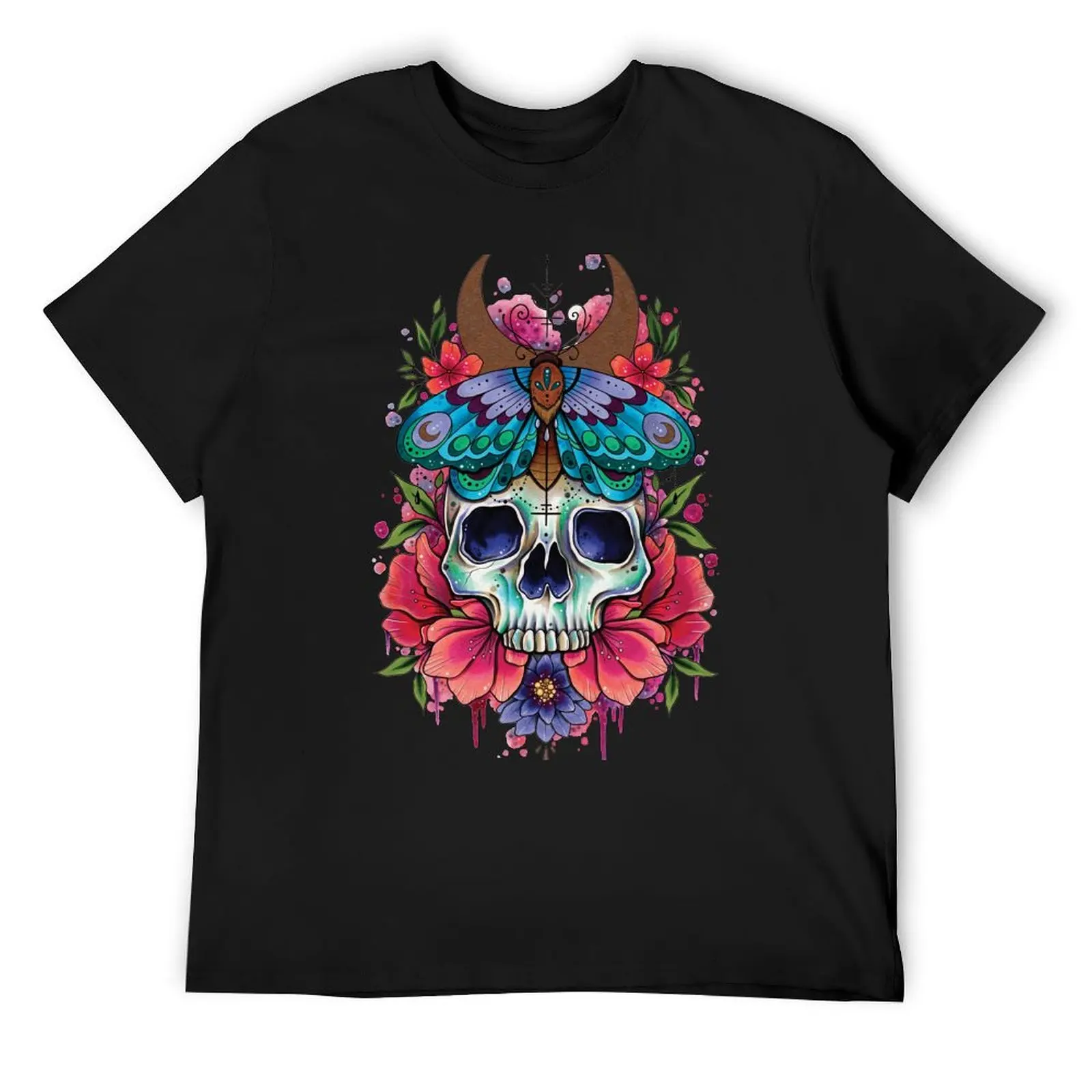 Neo Traditional Skull and Moth watercolor design T-Shirt plus sizes men t shirt