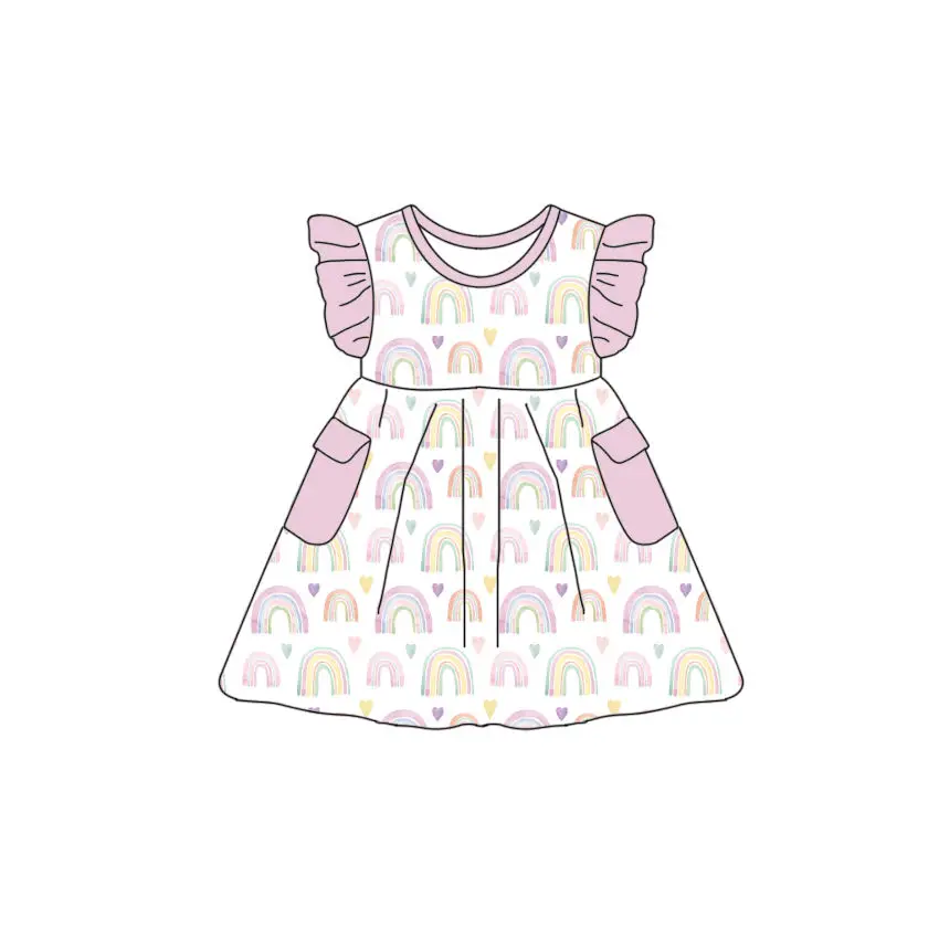 

Valentine's Day round neck flutter sleeve pocket dress rainbow heart and flower print casual daily milk silk wholesale