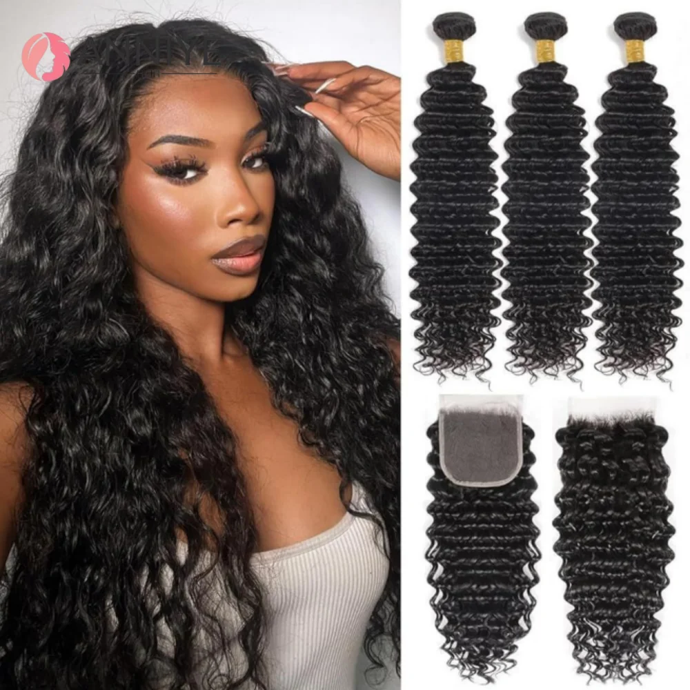 Волосы с глубокими волнами, необработанные девственные человеческие волосы, 3 пучка с кружевной застежкой 4x4, пучки глубоких наращивания волос для женщин, 12A