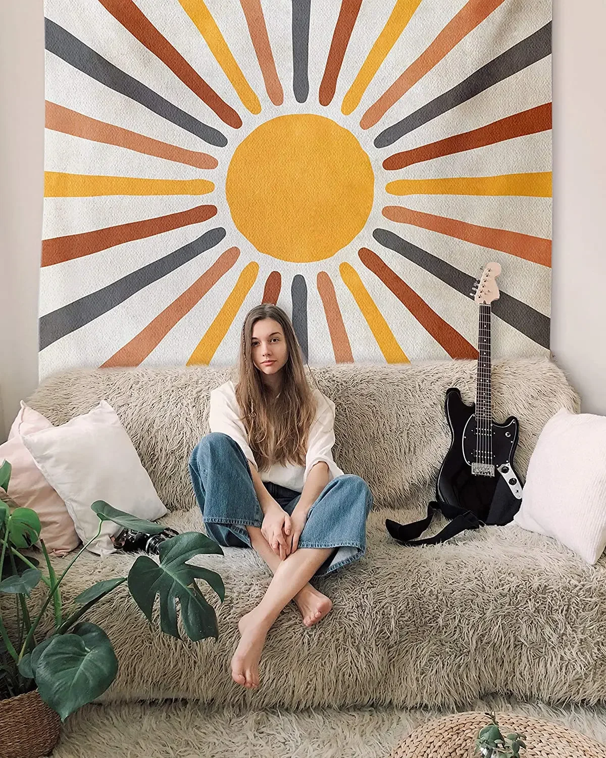 Vintage Sun and Moon Tapestry Retro 70s Rainbow Sunrise Sunset Abstract Boho Wall Hanging Hippie Meditation Bohemian Decor Tapiz