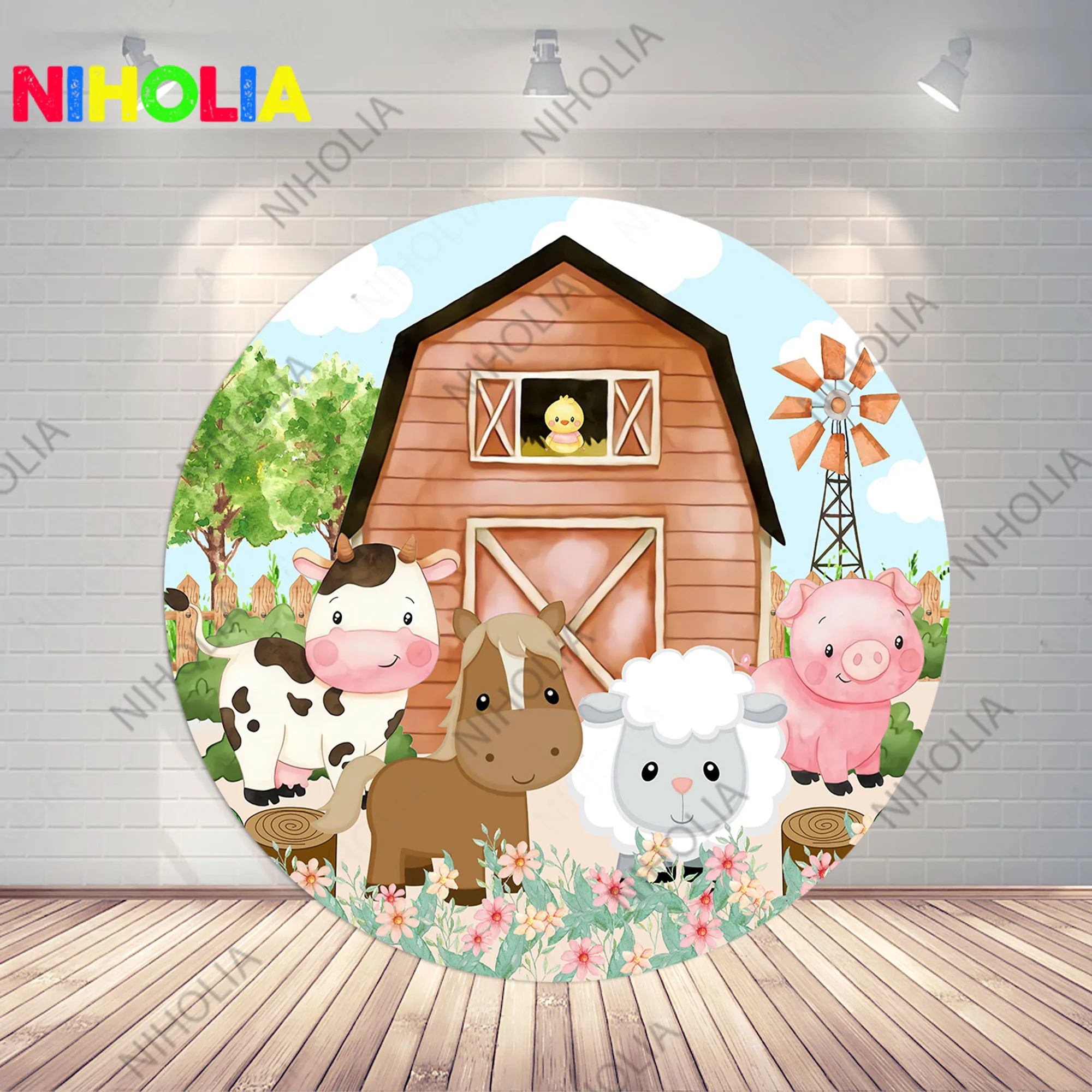 Niholia Lofaris Farm Round Photo Backdrop Cylinder Covers Kids Birthday Party Baby Shower Decoration Background For Cake Table