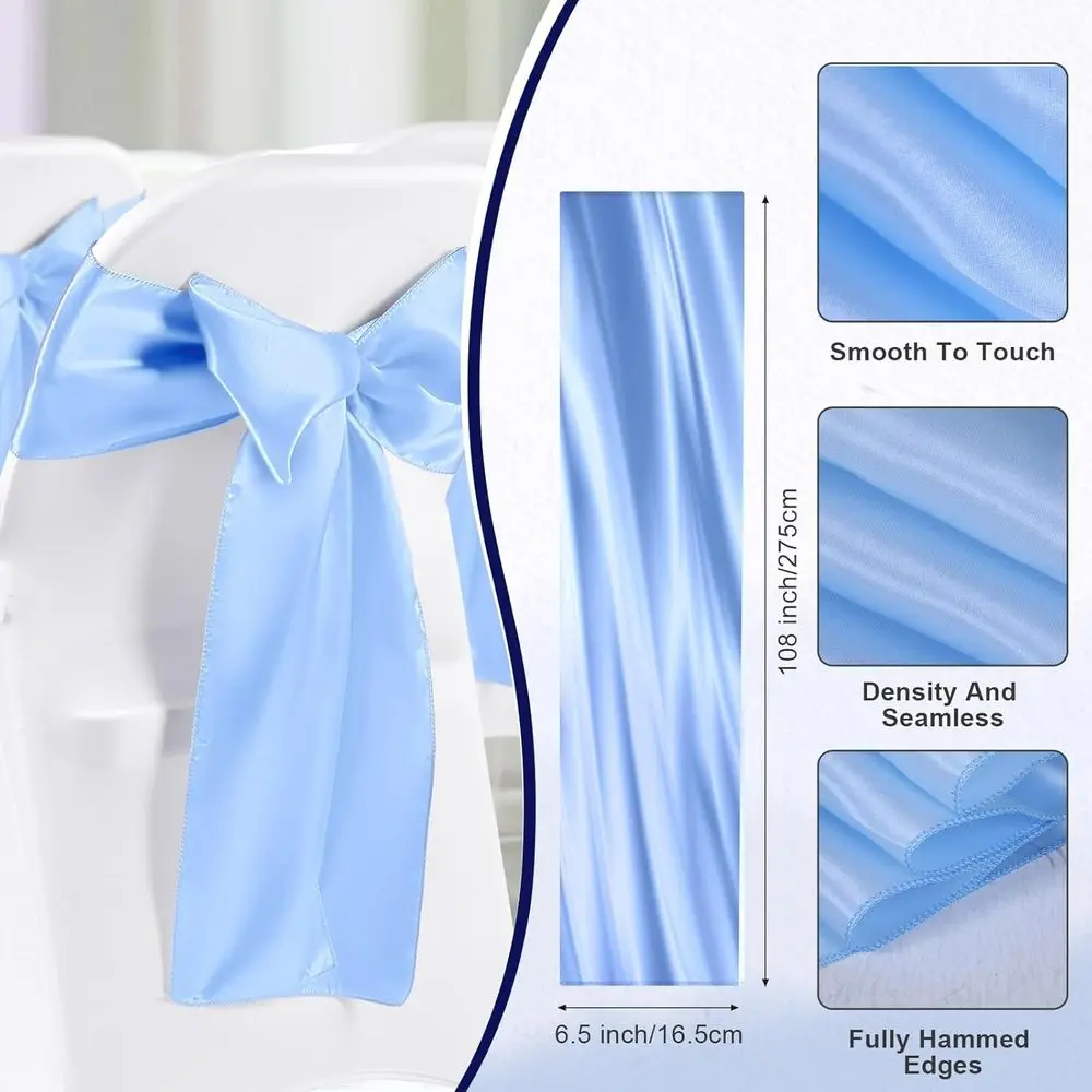 Набор из 50 складных чехлов на стулья с 25 чехлами из спандекса и 25 атласными бантами — моющиеся для свадеб и мероприятий в цвете White & Sky Bl