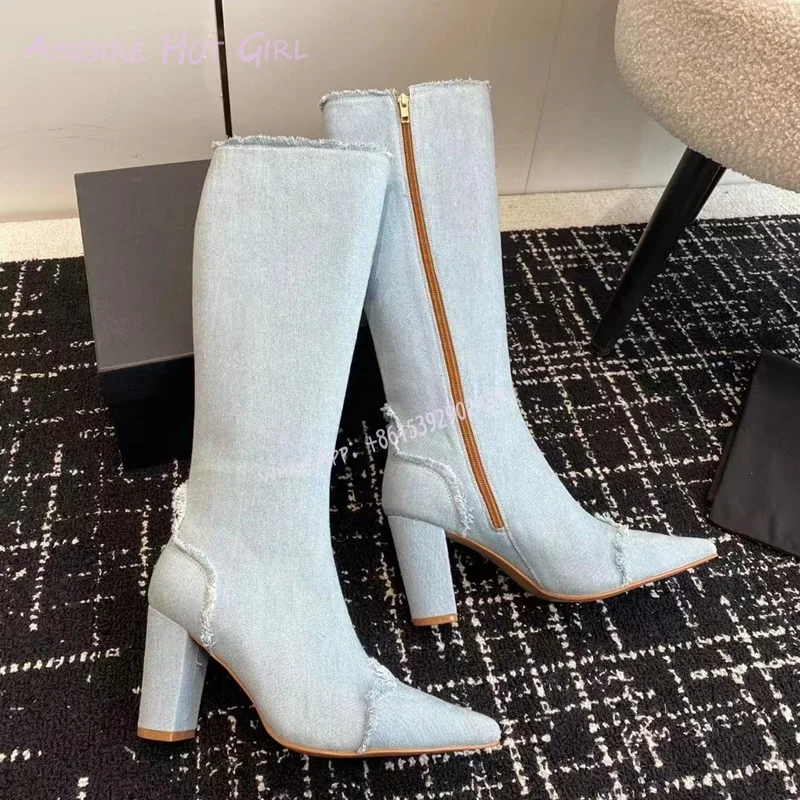 

Light Aqua Denim Fringe Boots Women Spring Versatile Blue Pointed Gold Zipper Square Heels Casual Soft Edge Booties Knee Shoes