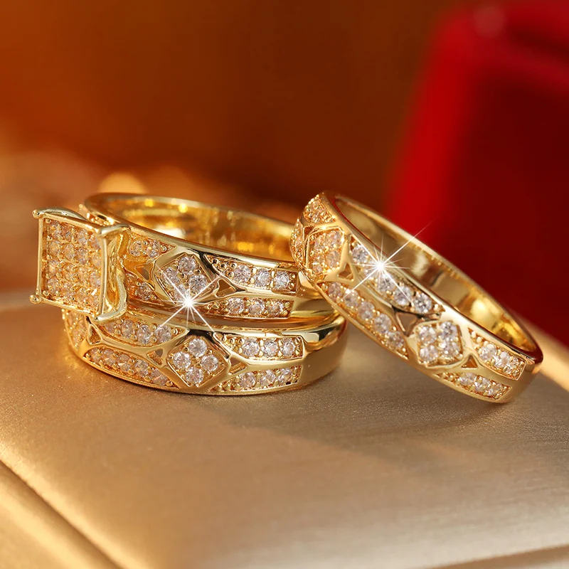 3pcs/set Women's Luxurious Golden Plated Ring Set Hollowed Out Patterns Covered in Synthetic Zircon Shining Ring Charm Jewelry