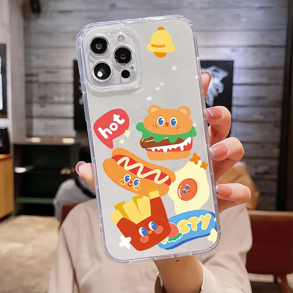 Cute Burger French Fries Bread Graffiti For IPhone 16 15 14 13 12 11 Pro Max Plus Transparent Magnetic Suction Phone Case