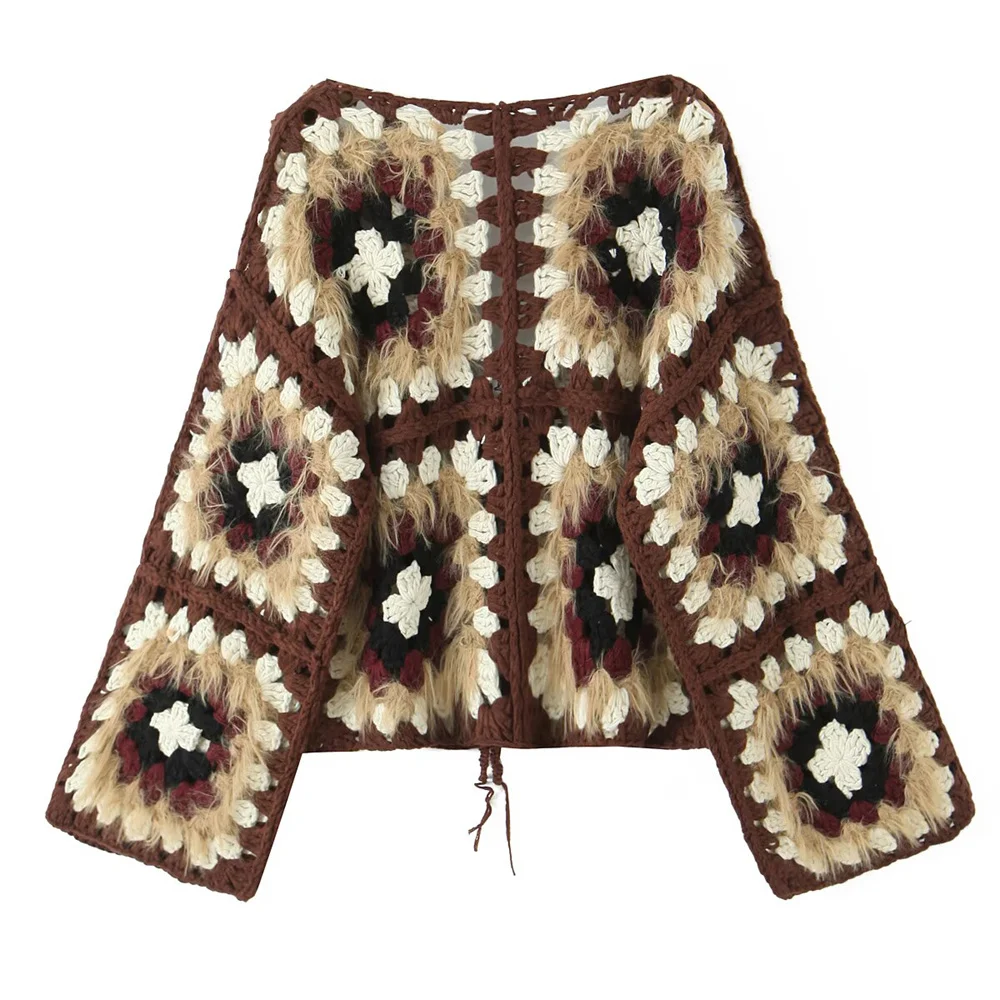 سترة صوفية شبكية مصنوعة يدويًا على الطراز العرقي مع جزء علوي متماسك برباط، سترة فضفاضة بنمط غريب