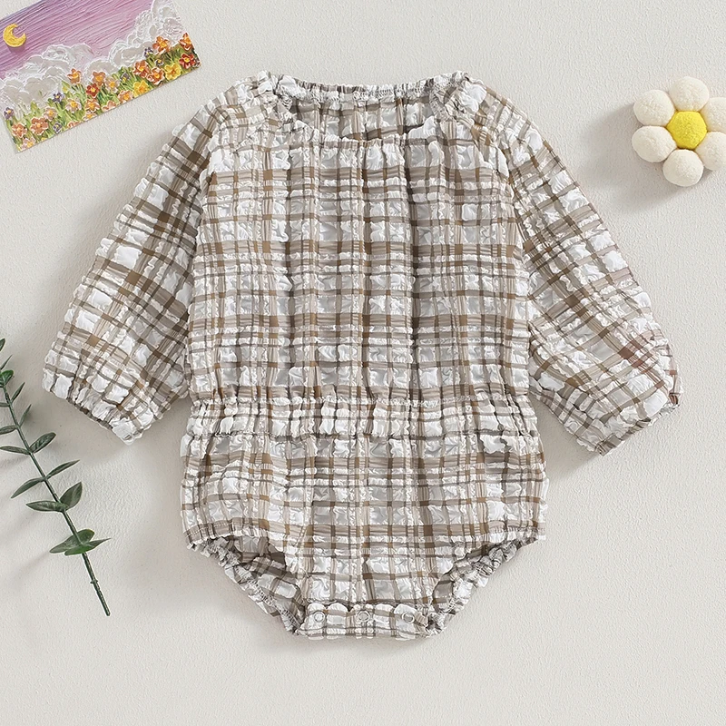 

Toddler Baby's Clothes Girl Fall Romper Long Sleeve Round Neck Plaid Print Ruched Bodysuit Newborn Playsuit Children's Clothing