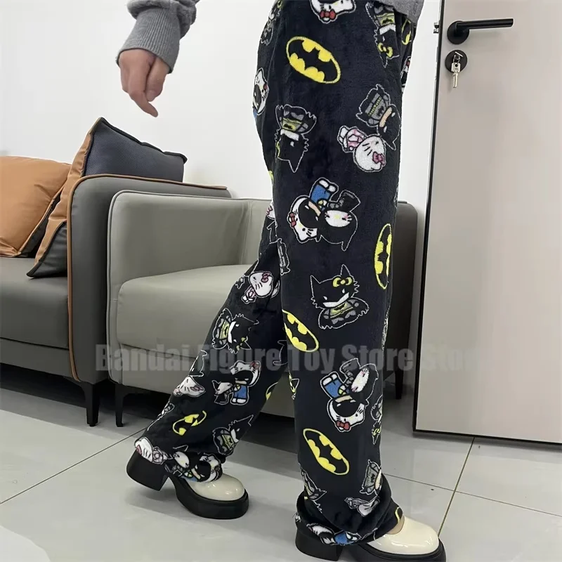 Kawai sanrio y2k hellokitty batman pijama outono calças dos desenhos animados hip hop senhoras quente estilo casual flanela calças bonitos roupas presente