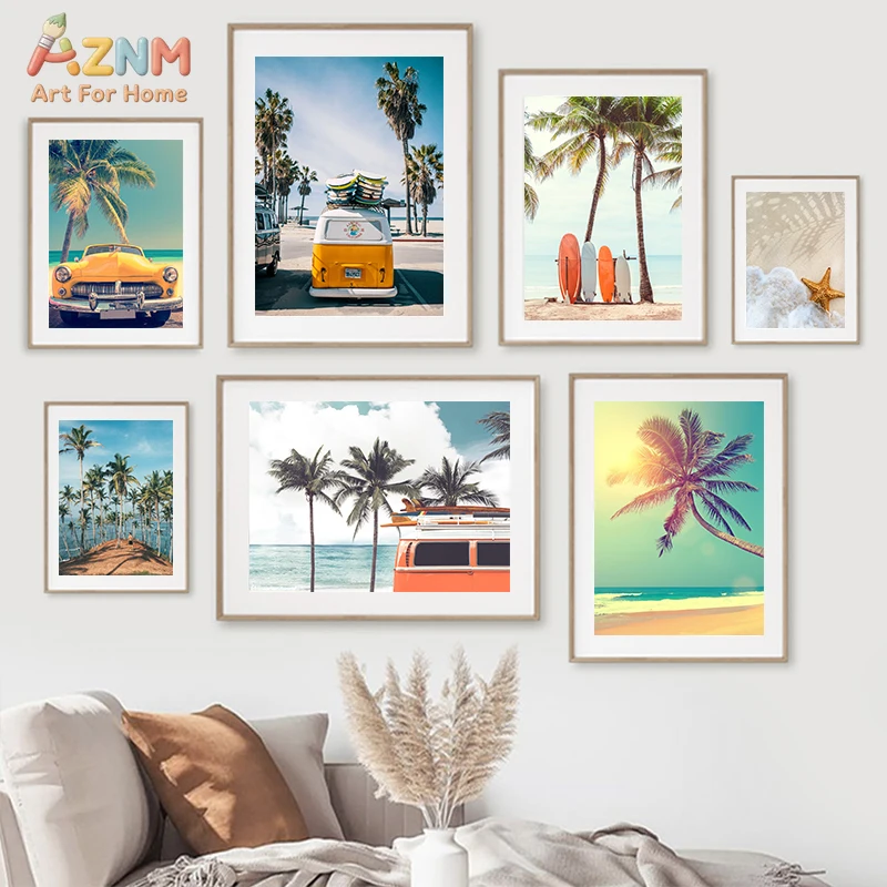 AZNM Retro Summer Beach Canvas Wall Art Print, Palm Tree and Surfboard Tropical Decor, No Frame