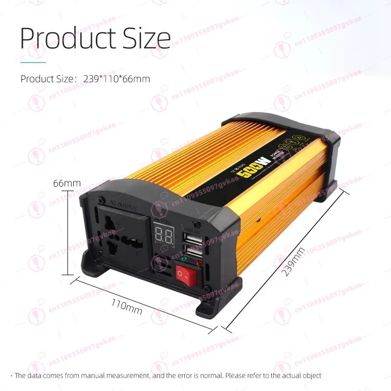 500-Watt Display Automotive Power Inverter Household Inverter 12V 230V DC AC Battery Voltage Correction Sine Wave 50Hz Output
