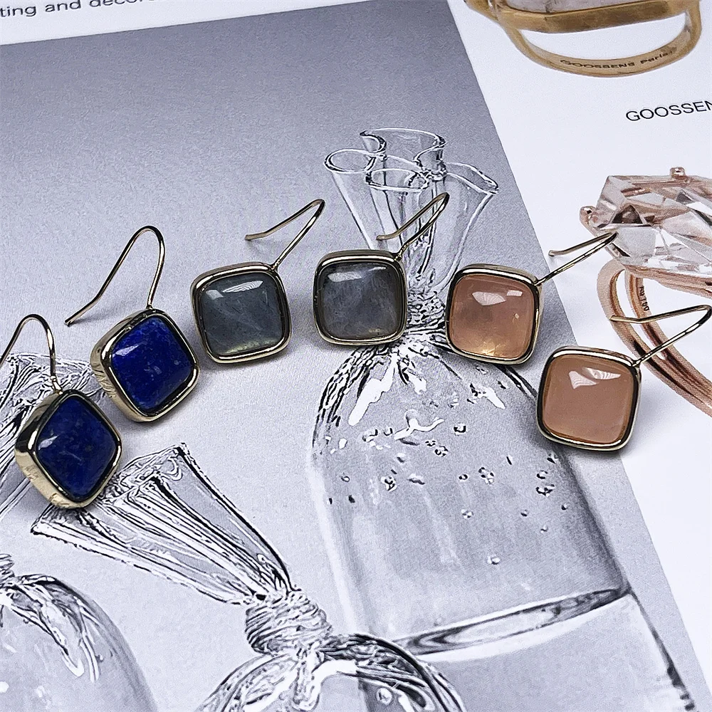 SHINYGEM الحجر الطبيعي مربع كريستال اللازورد اللابرادوريت بسيط الأذن اليدوية البوهيمي مجوهرات للنساء أقراط #3