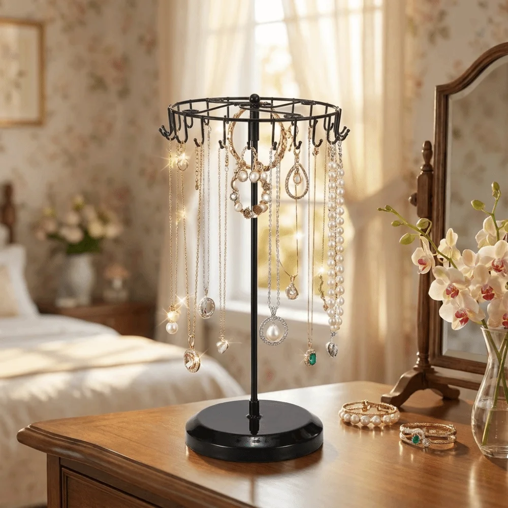 Rotating Necklace Organizer Removable 23 hooks Jewelry Storage Rack Heavy Duty Space Saving Jewelry Display Stand