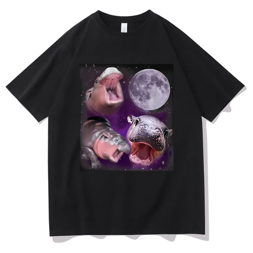 

Three Hippo Moo Deng Roared At The Moon Funny Meme T Shirts Male Oversized Tshirt Short Sleeve Men Women Cotton Casual T-shirts