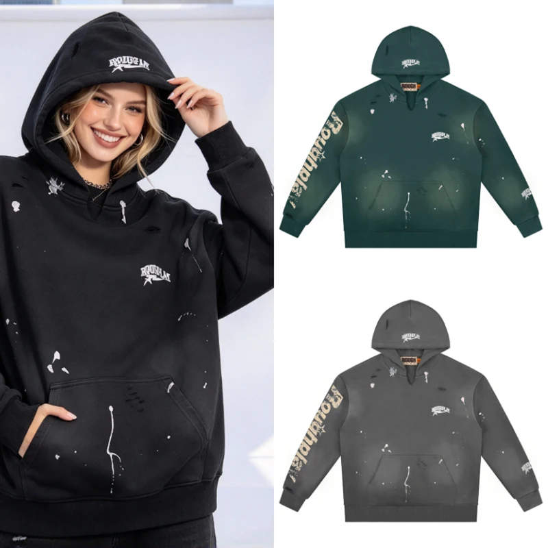 New Rough Play Men Distressed Hole Pullover Hoodie Splash Ink Print Sleeve Letter Logo Sweatshirt