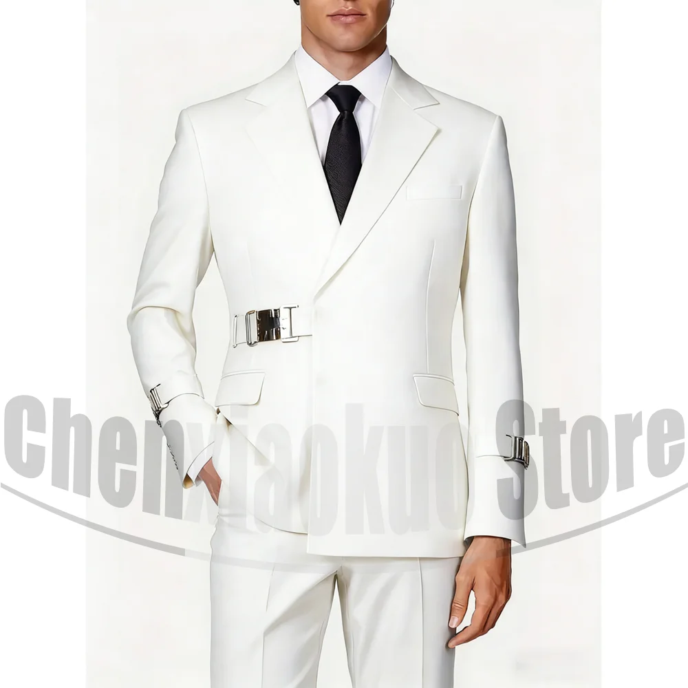 Men's Suit with Metal Buckle Fashion Notch Lapel Blazer and Pants Formal Business Casual Outfit Wedding Party Slim Tuxedo