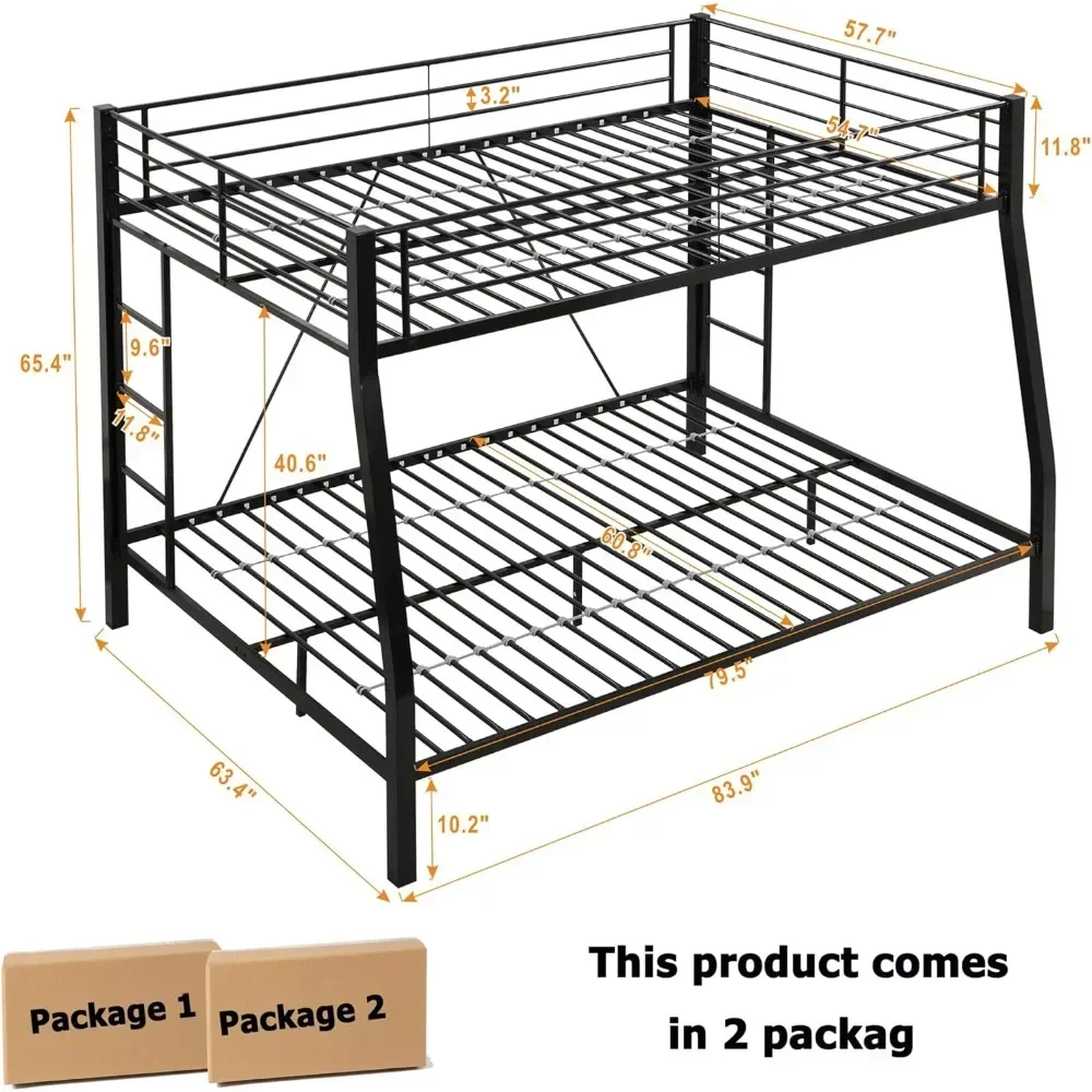 Metal Full XL Over Queen Bunk Bed for Adults, Heavy Duty Bunk Bed Full Over Queen with 2 Ladders