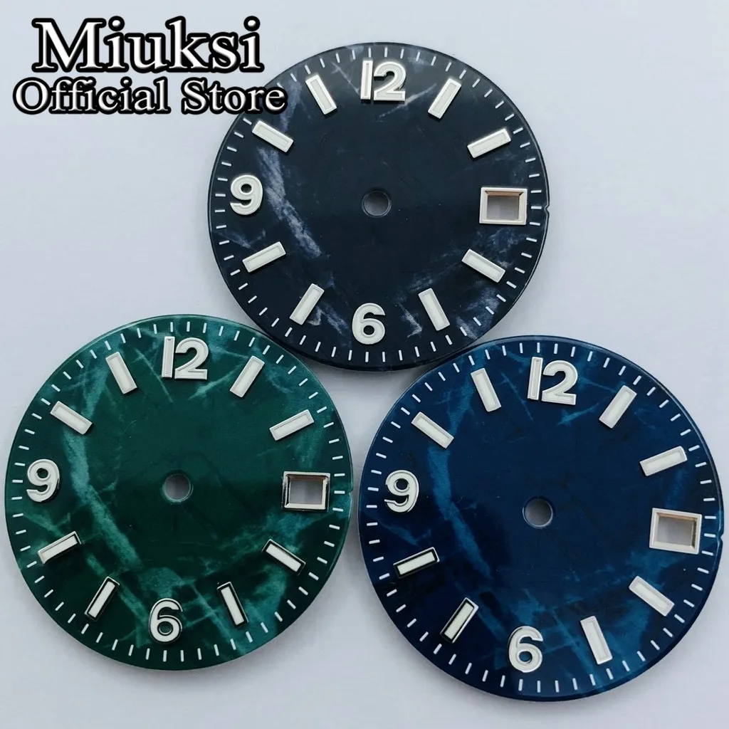 Miuksi 29mm balck blue green watch dial luminous fit NH35 movement fit 3 o\'clock crown 3.8 o\'clock crown