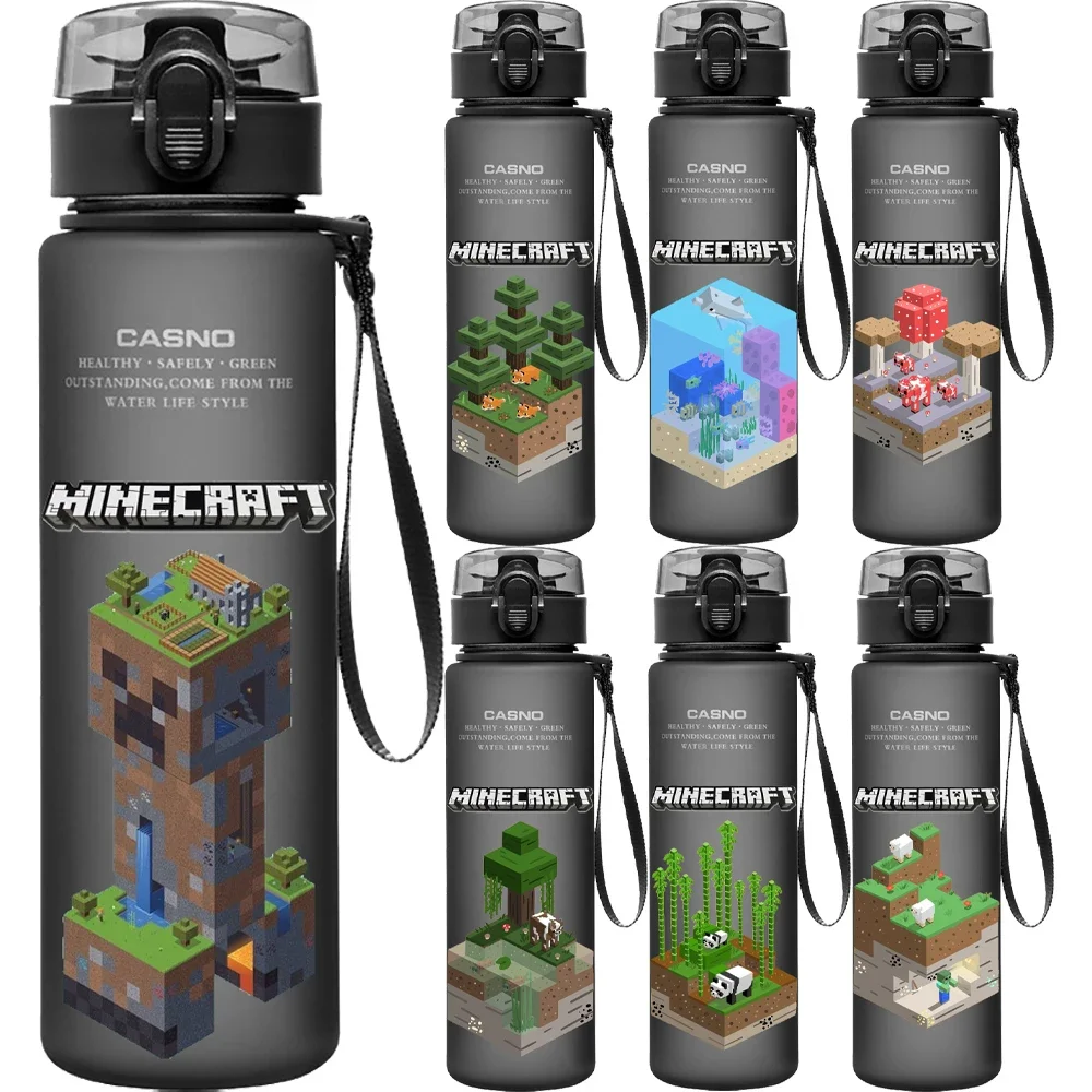 Juego Minecraft de 560ML, taza de agua estilo píxel para beber al aire libre, botella de agua Steve, portátil, de plástico, dibujos animados, gran capacidad