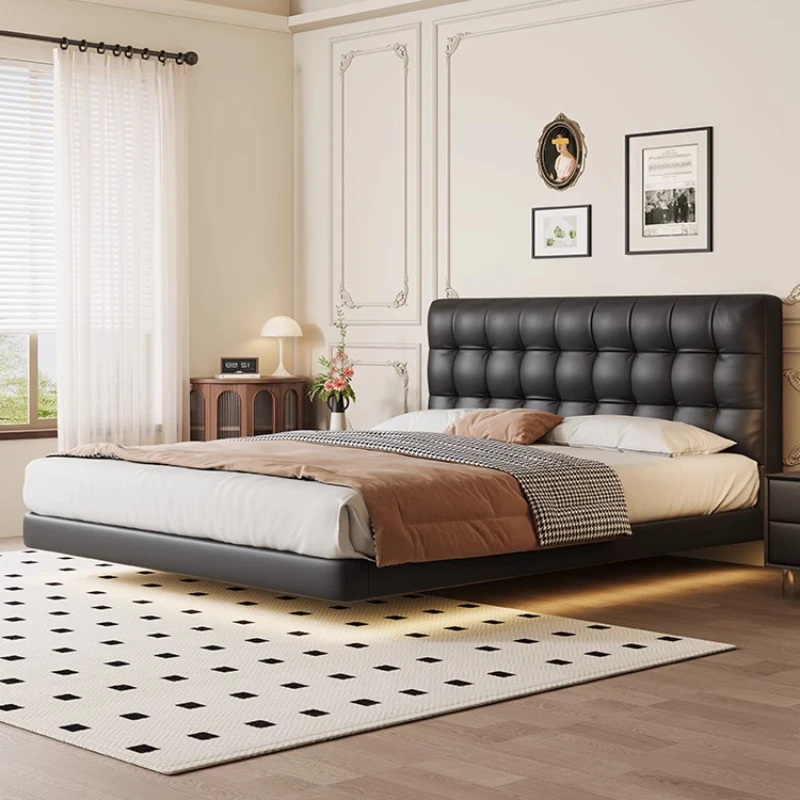 French retro leather suspension bed modern simple storage master bedroom double bed Italian style
