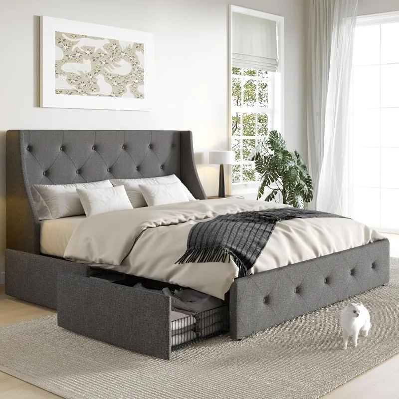 

Upholstered Queen Size Platform Bed Frame with 4 Storage Drawers and Wingback Headboard, Diamond Stitched Button Tufted Design