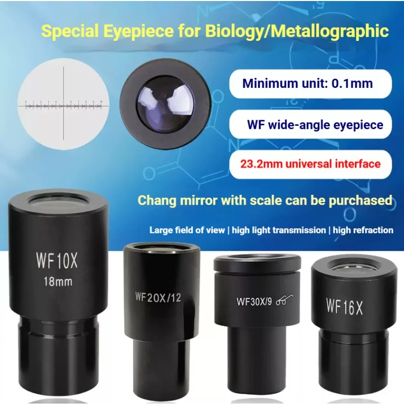 Biological Microscope Eyepieces WF10X 16X 20X 25X 30X Wide Field High Power Eyepiece with Measuring Reticle Interface 23.2mm