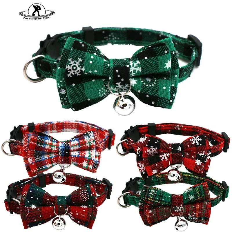 Bowknot Breakaway Cat Kitten Collar Bow Tie Adjustable Dog Collar with Bell Plaid Safety Buckle Christmas Pet Collar Necklace