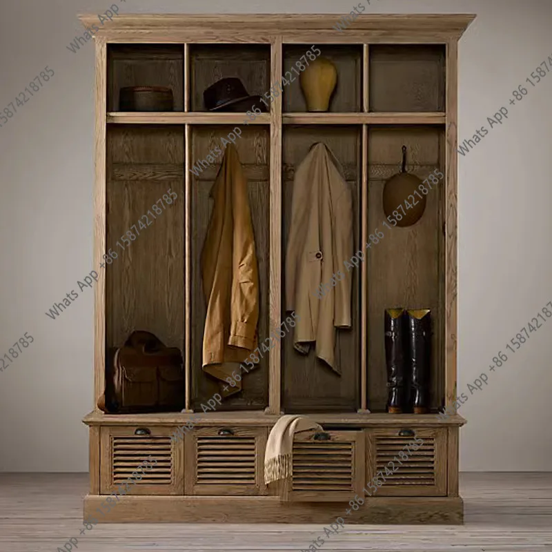 American solid wood oak louver double door wardrobe French retro small apartment adult wardrobe furniture customization