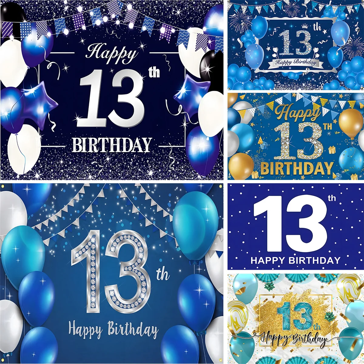 

Happy 13th Birthday Party Backdrop Banner Poster 13 Years Old for Girls Boys Black Gold Balloon Official Teenager Background