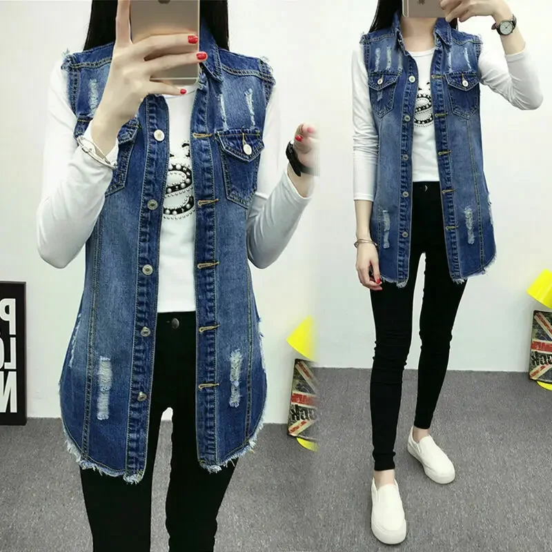 Fotografia: Jaqueta jeans sem mangas para mulher, colete casual, azul, buracos, vários estilos