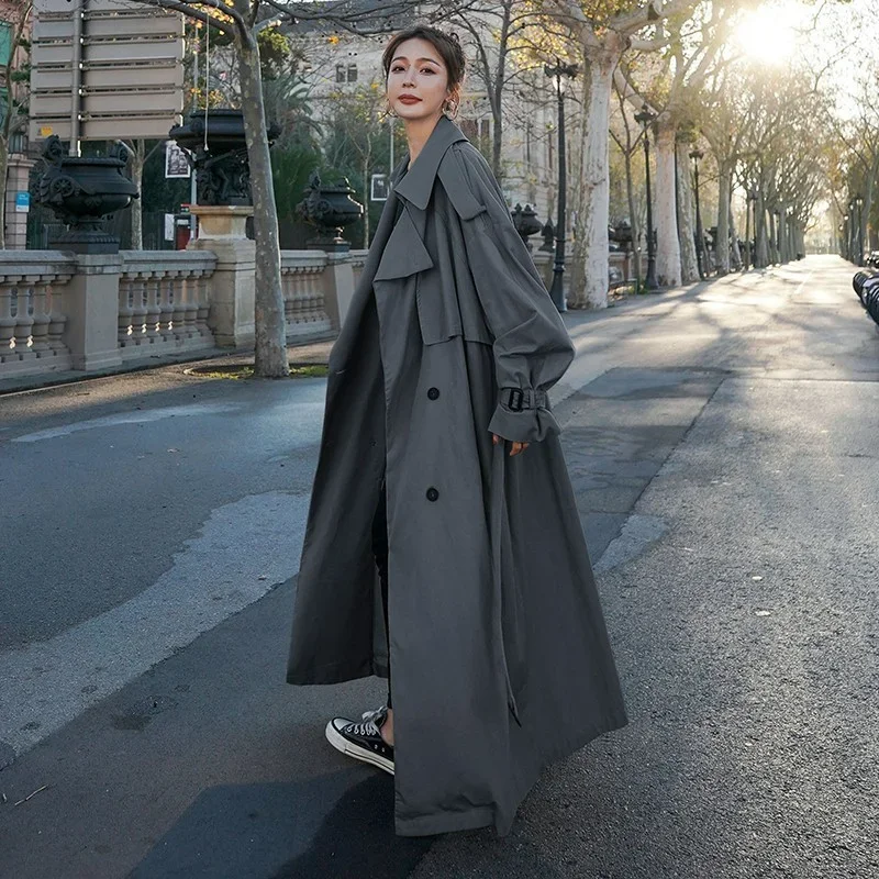 Real Shot Long Windbreaker Coats Women Spring Trench Tops Belt Slit Autumn Wear Tall Khaki Waist Tie New Commuter Outer Clothing