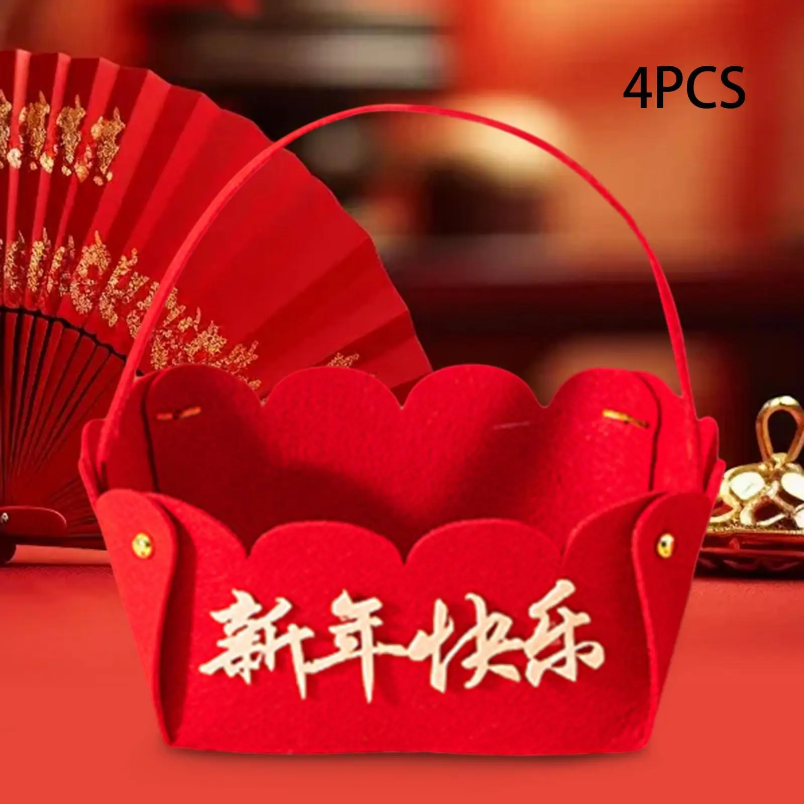 4 Pieces DIY Chinese Happy New Year Dried Fruit Basket Set Simple Red Baskets Material Package for Reception Desks Wedding Cafe