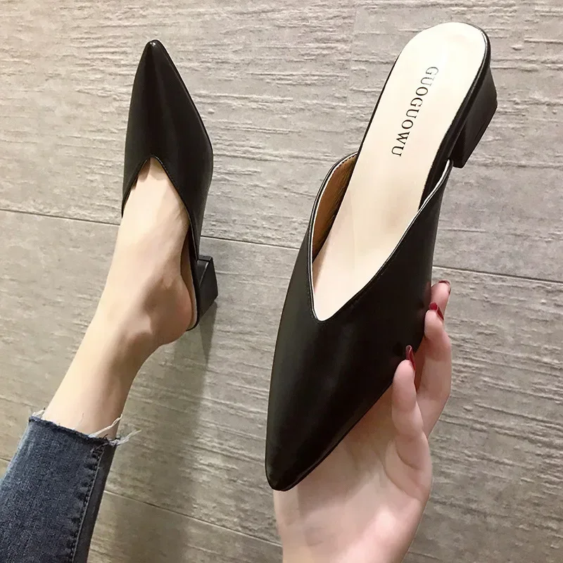 Women High Heels Slippers  Baotou Women Shoes Sexy Pointed Toe Chunky Heels Mules Outdoor Walking Slides Chaussure Femme 2024