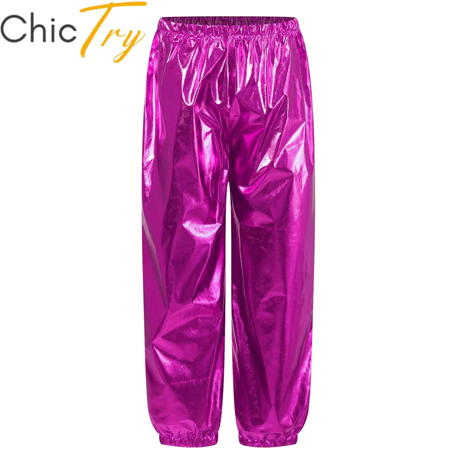 Kids Boys Girls Metallic Harem Pants Elastic Waistband Trousers for Jazz Dance Hip Hop Street Wear Stage Performance Costume