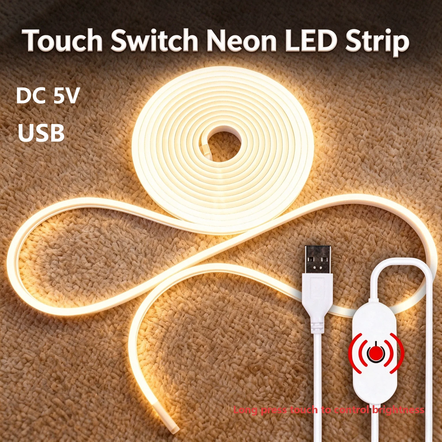 Dc5V, USB Type-A Interface, with Touch Dimmer Switch, Flexible Neon Led Light Strip with Adjustable Brightness, Suitable for Indoor Decoration, Under-Cabinet Lighting, DIY Wall Decoration Flexible Light Strip, Space-Th