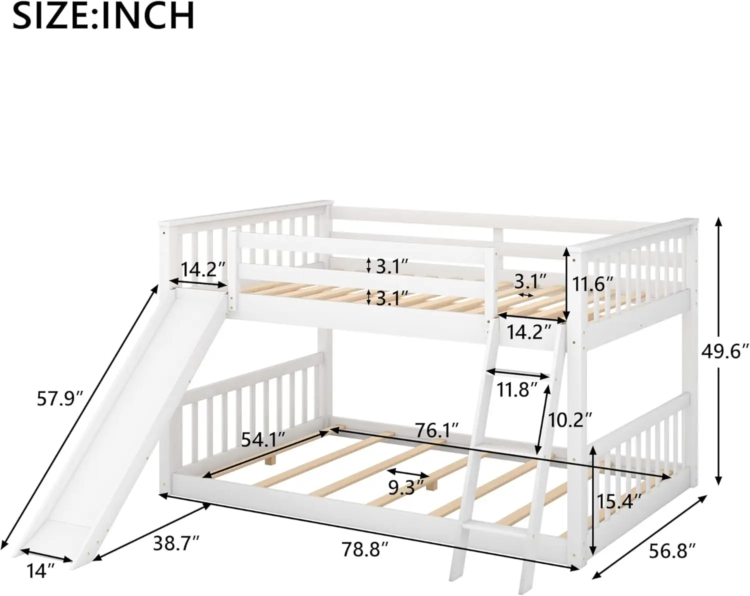 Full Over Full Low Bunk Bed With Slide And Ladder, Low Bunk Bed For Kids, Girls, Boys, Floor Bunk Bed, White