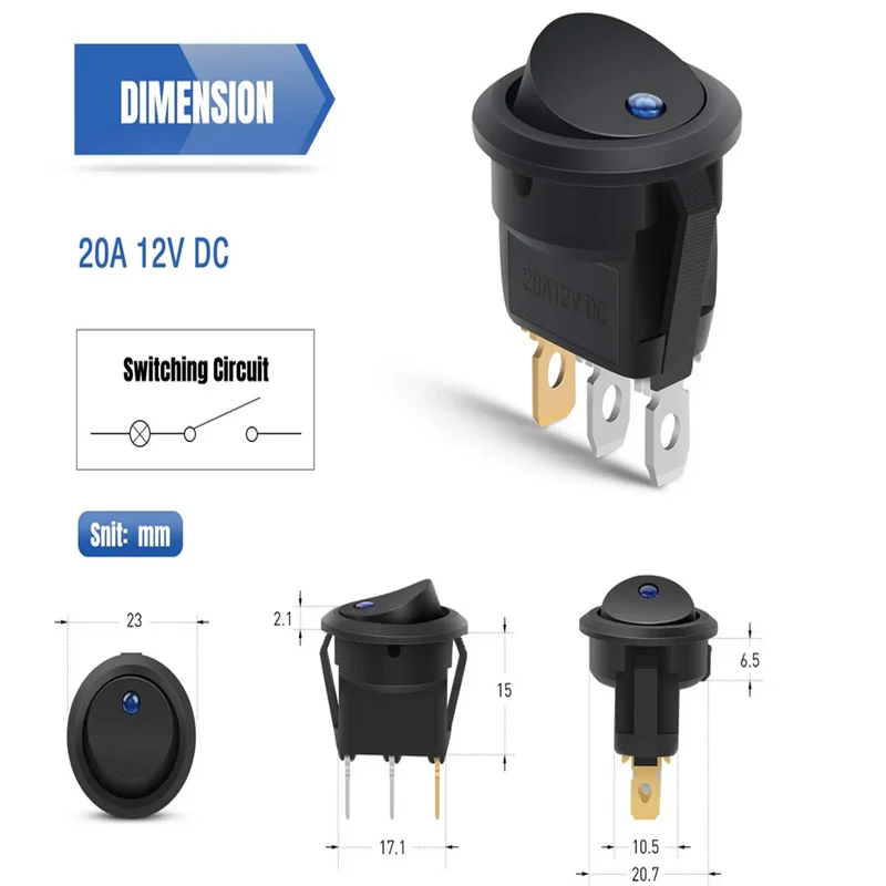 12Pcs Rocker Switch Toggle 12v SPST 3 Pins 2 Position ON/Off Blue LED Light Illuminated Boat Switch